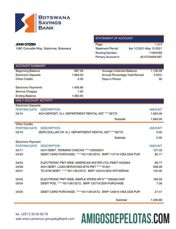 Modelo realista de extrato do Banco de Poupança do Botswana, formato Word e PDF
